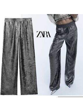 Zara silver metallic foil washed out mid rise loose fit straight leg pants Sz XS